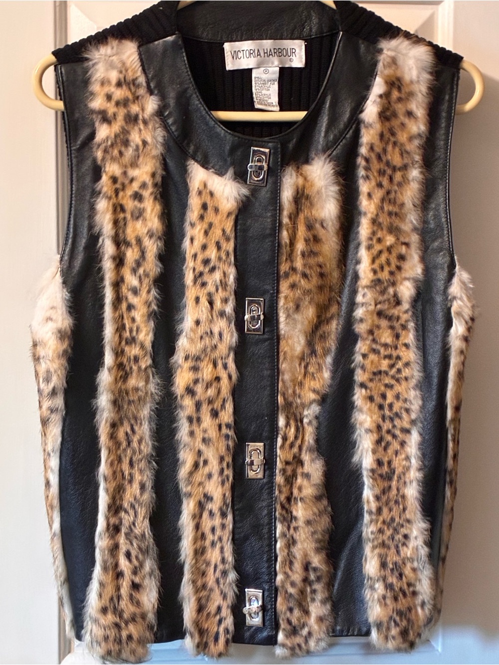 Victoria Harbour Black Faux Leather Vest with Leopard-Print Fur Panels